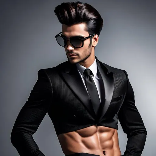 Prompt: a gorgeous 4k hdr photo of an attractive extremely long-haired 20-years old man with a six pack abs and glasses wearing a crop top black long sleeve business suit with a black necktie and black business suit pants, he also has a bare midriff and a bare navel, he has his hands on his hips, looking around, flexing his midriff abs, (midriff shot)), it is zoomed in on his attractive midriff abs, ((high quality)), ((highly detailed)), ((vibrant))