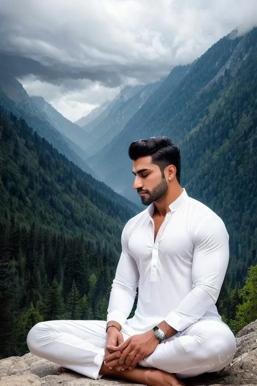 Prompt: a scene of "hyperreal stormy night mountain",  blissful kashmir hyperreal hunk,closed eyes, meditation, lost in god,  white kameez, "crowd hypnotised", detailed, hyperreal, sitting, arena, perfect composition, hyperrealistic, super detailed, 8k, high quality, trending art, trending on artstation, sharp focus, studio photo, intricate details, highly detailed, by greg rutkowski
