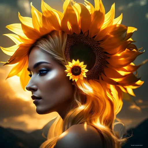 Prompt: cyborg sunflower maiden goddess with blonde flowing hair with multiple sunflowers on a crown, 8k resolution, A Masterpiece, Art station, Great Composition, Covered In Flowers, full body portrait, insanely detailed, outside, ambient lighting, hyper realistic, beautiful symmetrical face, fantasy, regal, 