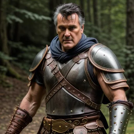 Prompt: Create a photograph of a Celtic warrior using bruce campbell as the basis, leather armor,  extremely detailed environment, detailed background, intricate, detailed skin, natural colors , professionally color graded