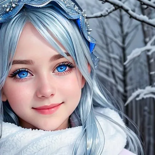 Prompt: young girl, covered in frost, bashful hypnotic sapphire blue eyes, calm bashful smile, gorgeous silver, blue  hair
