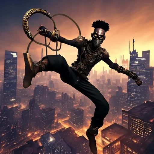 Prompt: Steampunk style young black african handsome maie 20 years old, wearing mask, swinging nunchakus over his head while jump kicking with DETROIT skyline in background