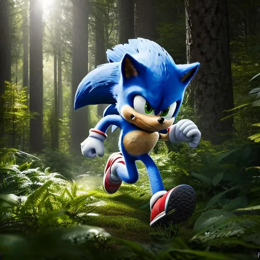 Prompt: Sonic the Hedgehog running through a forest with a determined expression on his face, surrounded by trees and foliage. 
Image Type: Photography
Artistic Style: Realistic 
Inspiration: Wildlife photography
Camera: Sony a7 III
Lens: 70-200mm f/4 G OSS
Shot Framing: Medium Shot
Background: Forest setting with tall trees and abundant foliage
Post-processing: Chromatic Aberration, HDR
Lighting: Natural light, with a slight golden hour glow
Color: Vivid colors, with a pop of blue for Sonic's fur
Render: Ray Tracing