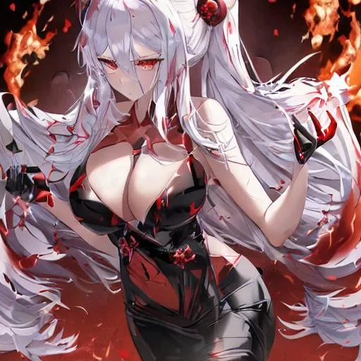 Prompt: a beautiful cute girl with white hair, and lights on her body which is light red. with black angel like wings, and fire like black clothing which is fancy. at an volcano. a fire aura around her, and fluffy hair. with a fancy and glorious weapon in her hand. with her are in a cobra bun, with fancy accessories and vampire like teeth.