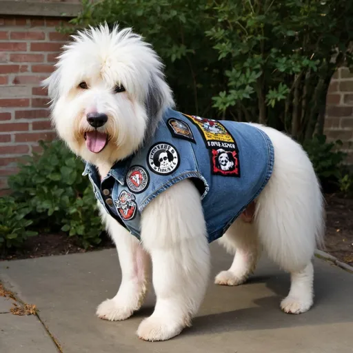 Prompt:  Old English Sheepdog wearing a heavy metal music denim vest with patches
