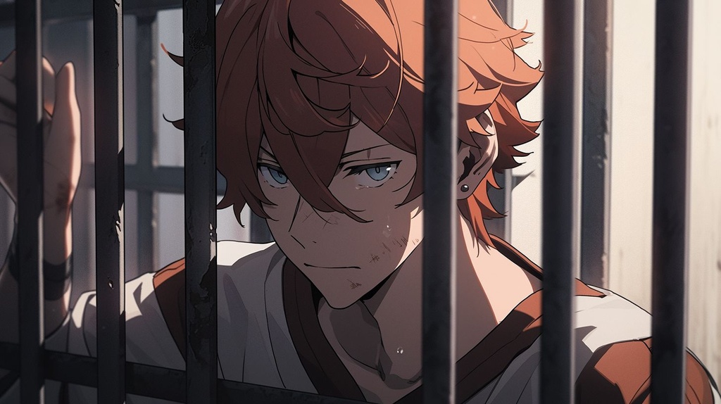 Prompt: Tartaglia from genshin impact, Short messy red hair falling between the eyes, eyes are bright blue, red gem earing, wearing an orange prison jumper with white nametag, sitting inside a prison cell with an open window and a guillotine outside his cell. --upbeta --niji 5 --ar 16:9