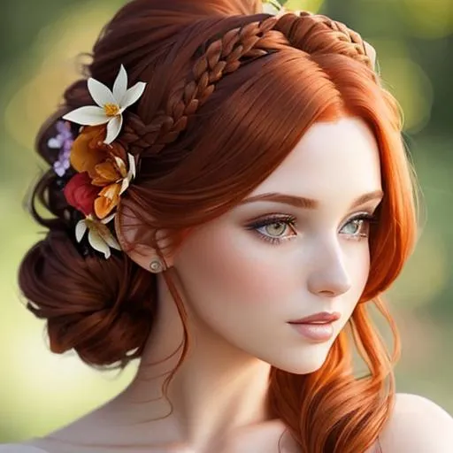 Prompt: Beautiful woman portrait auburn hair, elaborate updo hairstyle adorned with flowers