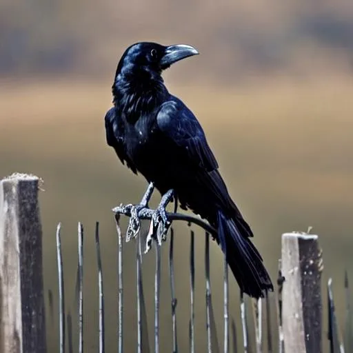 Prompt: raven perched on a fence post
