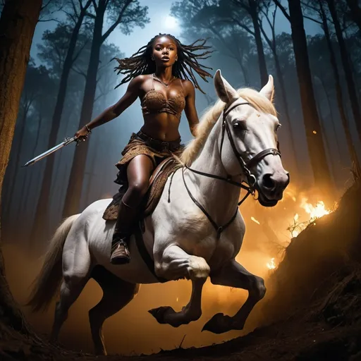 Prompt: African young lady riding on a pale horse, shooting, deep forest, foxes chasing, doom night scene, low ground angle shot, 18 mm lens,detailed features, high-quality, dark fantasy, action-packed, vibrant contrast, intense lighting, mystical atmosphere, detailed horse, detailed facial features, fast-paced, dynamic composition, professional, atmospheric lighting