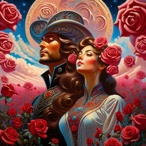 Prompt: "a painting of a man and a woman looking at the sky, a detailed painting by John Avon, deviantart, psychedelic art, detailed painting, surrealist, whimsical, a dutch surrealism masterpiece"
"A rose does not answer its enemies with words, but with beauty, by Ivan Shishkin and Karol Bak nature's labyrinth in the style of the Codex Seraphinianus | by Karol Bak and Greg Rutkowski Art forms of Nature by Haeckel | colorful, beautiful extremely detailed, by Greg Rutkowski Portal of intiation into the forest of imagination"
""Ethereal Ice Flowers"!!! Snowflake_flowers, Blizzard_flowers, cold_white_flowers, dewdrop_flowers, ice_flowers, breathtaking_masterpiece_fantasycore artwork by Android Jones, Jean Baptiste monge, Alberto Seveso, Erin Hanson, Jeremy Mann. maximalist highly detailed and intricate professional photography, a_masterpiece, 8k resolution concept art, Artstation, triadic colors, Unreal Engine 5, cgsociety, octane photograph"
"Green overgrown mansion in the woods, Magical trees, Enchanted Forest, beautiful sparkly fireflies, spiritual stardust spiraling in wind, glowing mushrooms, light dust in night ambience, fantasy, magical waterfall, maximalism, colorful, mystical, flowers, digital art, elegant river, elemental, fantastical, magnificent,"