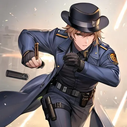 Prompt: Caleb as a police officer in a gunfight, bullets flying
