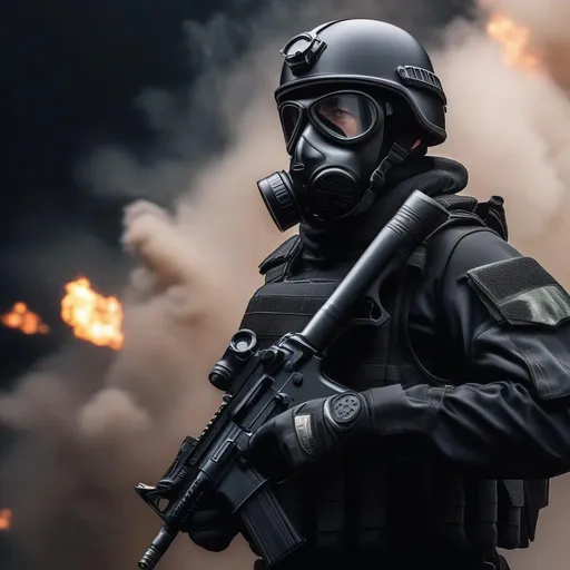 Prompt: A modern military male general in black military armor, with a pistol and gas mask, background war battle, Hyperrealistic, sharp focus, Professional, UHD, HDR, 8K, Render, electronic, dramatic, vivid, pressure, stress, nervous vibe, loud, tension, traumatic, dark, cataclysmic, violent, fighting, Epic