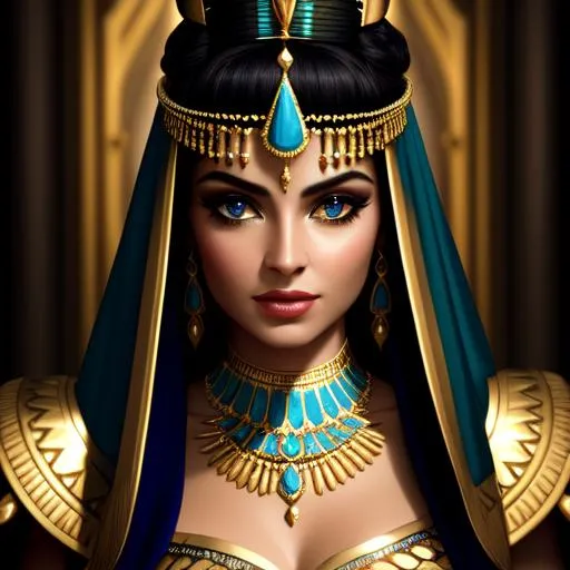 Prompt: Cleopatra,, gold and turqoise jewelry, cinematic light,  fantasy