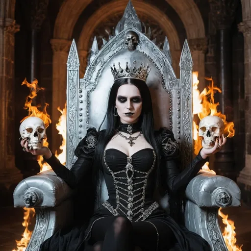 Prompt: a goth queen sitting in her throne in the castles main hall holding a head skull (skull burning in silver flames) in her left palm