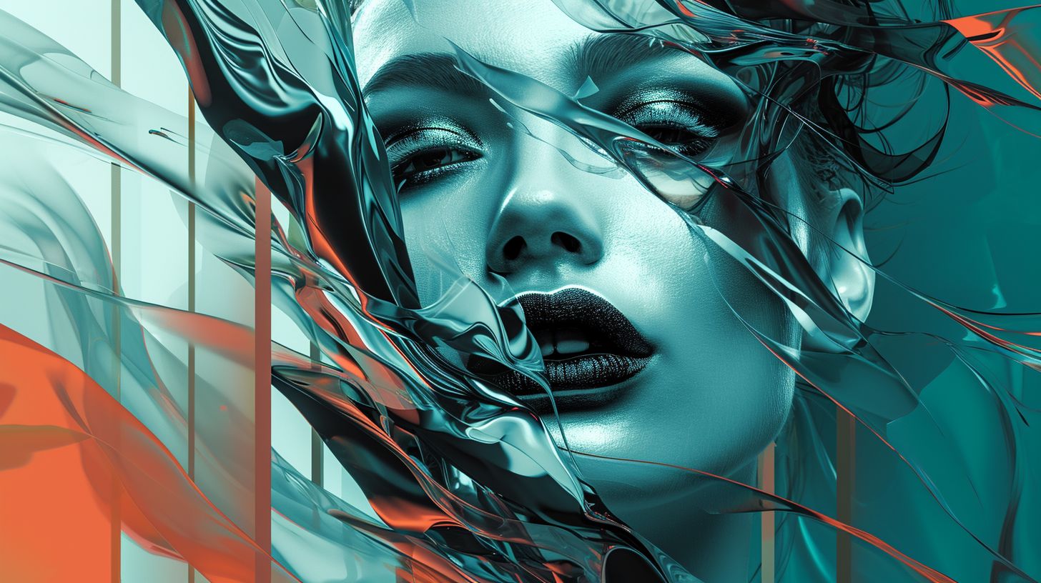 Prompt: A surreal digital art piece depicts a close-up of a woman's face, fragmented and intertwined with fluid metallic silver shapes. Her makeup is dramatic: deep, glossy black lips and intense smokey eyes. The background alternates between striking shades of teal and coral, with slender vertical lines accentuating the division.