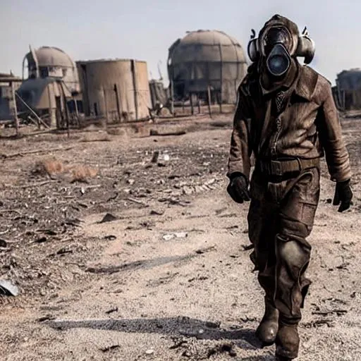 A man wearing post-apocalyptic clothing and a gas ma