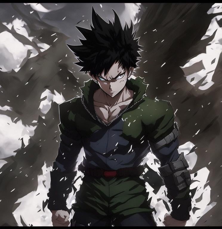 Goku from dbz mixed with deku from my hero academia, painting style, with a  good background