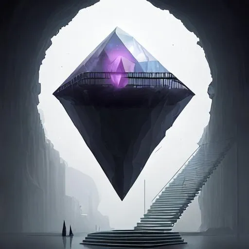 Prompt: A giant crystal floating in the void, with a staircase leading to a doorway, through which a surreal world can be seen, minimalistic, high contrast, sharp lighting, digital painting, art by Simon Stalenhag, Alex Andreev, and Matt Gaser.