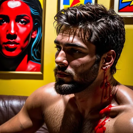 Prompt: Sensual, rustic man, very drenched in blood, sitting on the sofa, in a room decorated with Pop Art paintings in primary colors, close-up bust portrait, cinematic, hyperrealistic, hyperdetailed, ambient light, perfect composition, provocative, textured skin, 16K, best quality, profile shot.