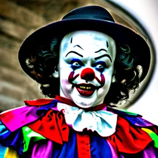 Prompt: creepy, killer, clown, murderer, pedo, likes children, circus, blood