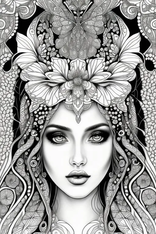 Prompt: coloring page , black and white of detailed beautiftul fairy, clear facial features, symmetrical   smooth lines, with flowers  beautfiful , dreamy, details, black and white, simple