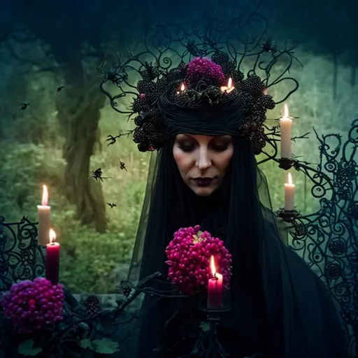 Prompt: ornate garden gate, dark aesthetic witch maiden with a crown of blackberries, bees, candles, foggy graveyard, long jeweled gown with veil, honeycombs, thorns, spikes, spiral fibonacci, sparkles