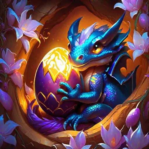 Prompt: world of warcraft style, baby dragon hatching from an egg with amber bioluminescent eyes, blossom background, radiant, flaming eyes,  art by greg rutkowski and artgerm