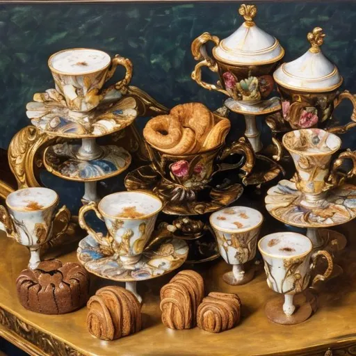 Prompt: coffee table with coffee cups and a lot of french pastry, oil painting, 16th century style