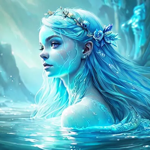 Prompt: Portrait of a {naiad}, skin that looks like it's made of water, blue skin,  blue face, fantasy, lady made of water, hair looks like a river, long intense lighting, detailed face, long flowing hair like a river, by  concept art, digital painting, dungeon and dragons, body made of water, elemental being, lady made out of water, water looks like a person, makoto shinkai, stanley artgerm lau, wlop, rossdraws,