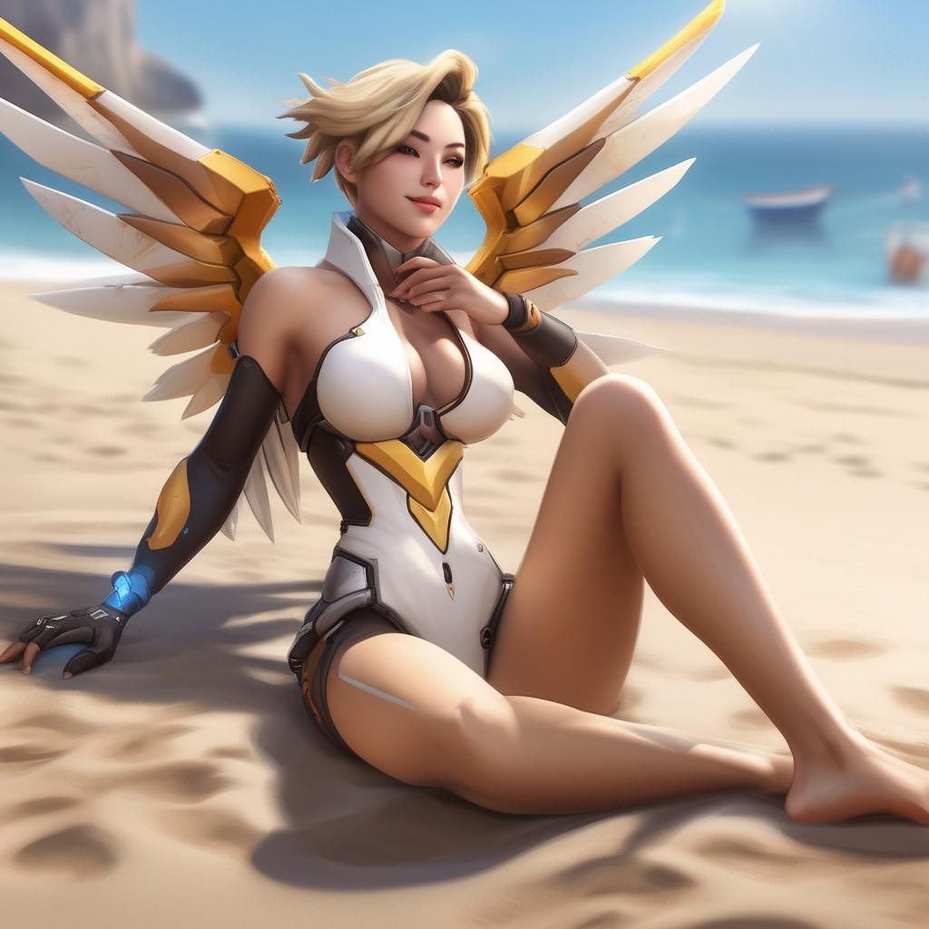 A realistic photo of Mercy from Overwatch catching t...