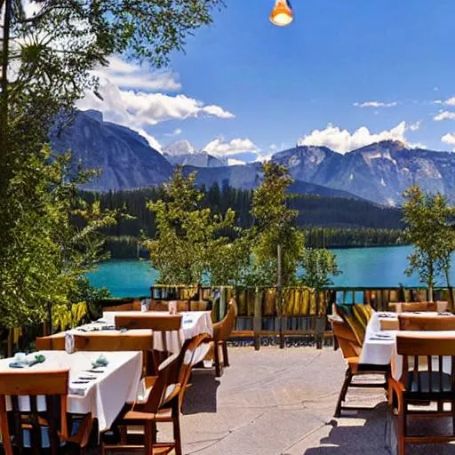 Prompt: Outdoor Restaurant seating area by a lake
Lots of plants
Swans
Mountain ranges in view