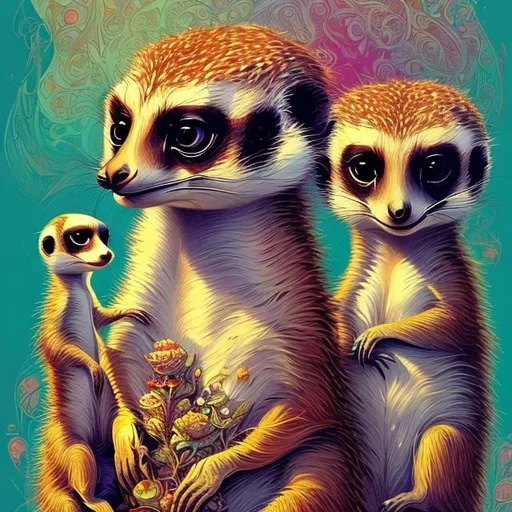 Prompt: Meerkat Mama and baby, very ornate, detailed, by Anna Dittman, illustration Meerkats surrounded by coloful abstract shapes, contrasting tones,  Meerkats eyes are expressive, background dark and mysterious