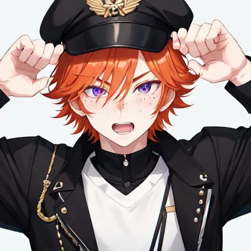 Prompt: Erikku male (short ginger hair, freckles, right eye blue left eye purple) muscular, UHD, 8K, Highly detailed, insane detail, best quality, high quality. hands in the air, wearing a sideways baseball cap, black jacket, black shorts