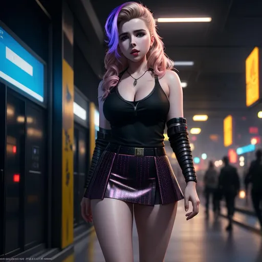 Prompt: Cyberpunk, Young Kirsten Prout, in very short skirt, raw photo, photorealistic, High Detail, dramatic, UHD, HDR raw photo, realistic, sharp focus, 8K high definition, insanely detailed, intricate, high quality, 