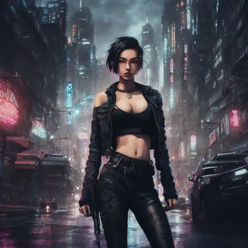 Prompt: anime artwork A photo of a punk-inspired, edgy-looking young woman with a slender frame, black hair, wearing dystopian fashion, low-rise pants, a revealing crop top, showing off her midriff and adorned with intricate tattoos, captured in a neon-lit Neotokyo suburb. . anime style, key visual, vibrant, studio anime, highly detailed