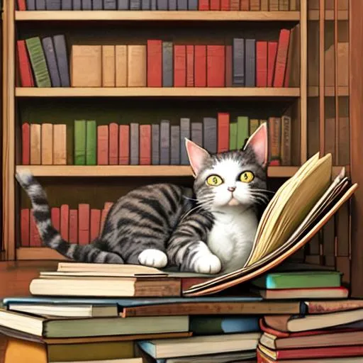 Prompt: A bookshelf full of books a cat curled up in the books
