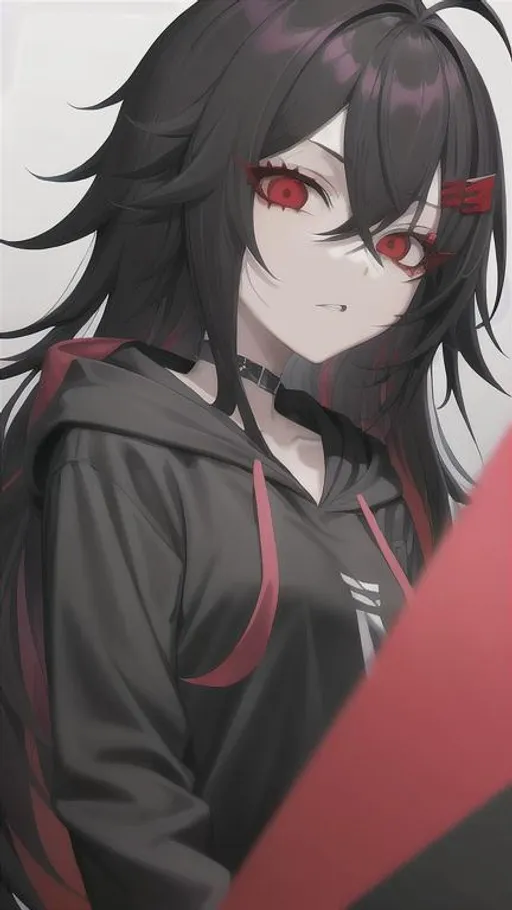 Prompt: digital style painting, emo anime girl, black long messy hair, sharp red eyes, black eyeshadow, colored background, hoodie