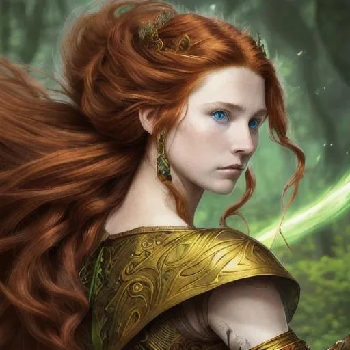 Prompt: Portrait of a fairy warrior queen with reddish-brown hair flowing down her back, green eyes, and wearing a golden torque