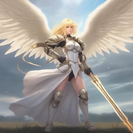 Prompt: Blonde haired angel standing on a battle field wielding a holy weapon. 