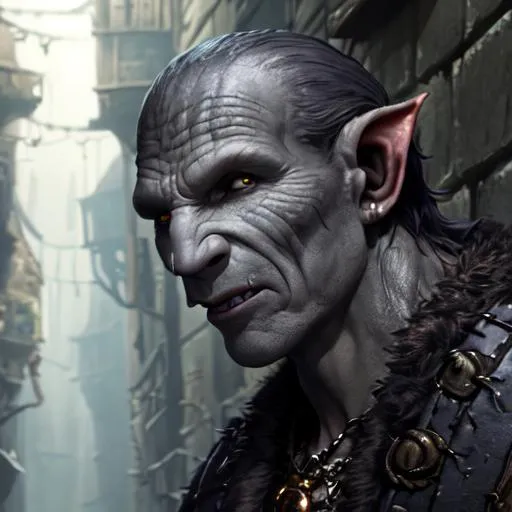 Prompt: Highly detailed, Full portrait of Ralph Fiennes as an orc with grey skin, leaning against a wall in a fantasy alley with rats on the ground, dark colors, side, in fantasy style