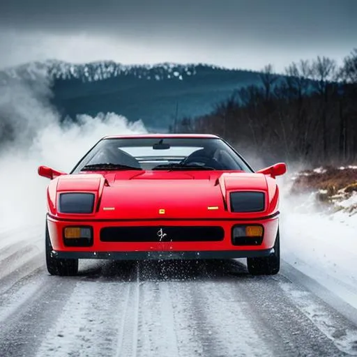 Prompt: Ferrari f40 offroading on ice, cinematic lighting, mist in background