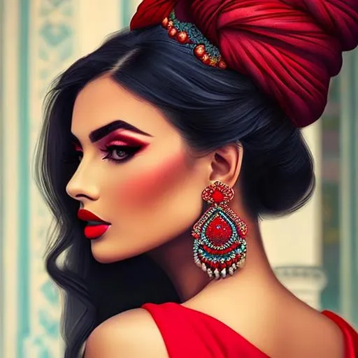 Prompt: woman with stylish topknot,  colors of red and turqouise