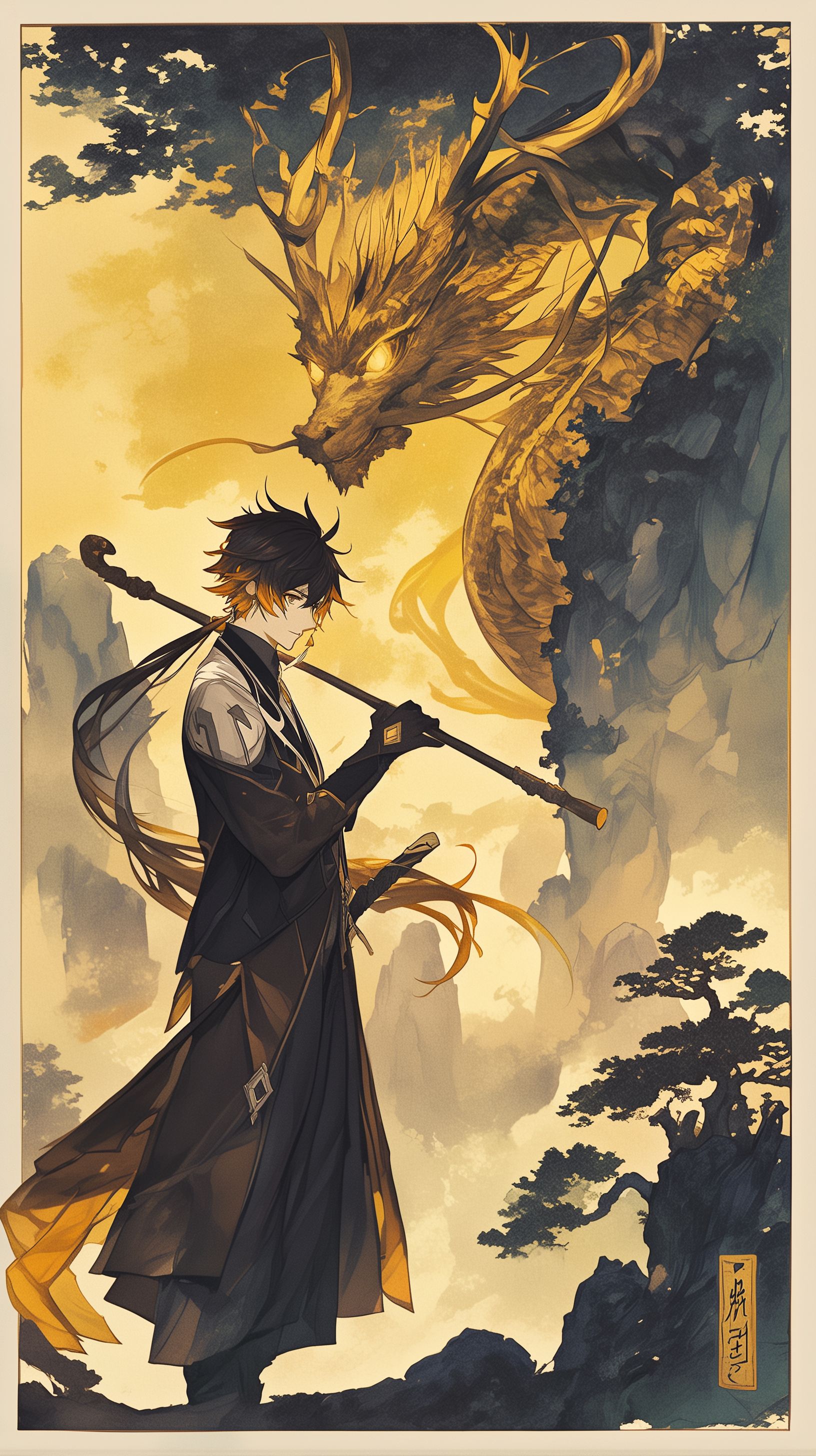 Prompt: Zhongli from Genshin Impact standing infront of stone mountians with a long brown pipe regally in one hand holding it up next to his face, glowing golden eyeshadow, glowing yellow dragon antlers, Japanese Wood Block Print, Vintage, White border around image, simple water colors and brush strokes, mystical --ar 9:16 --niji 6