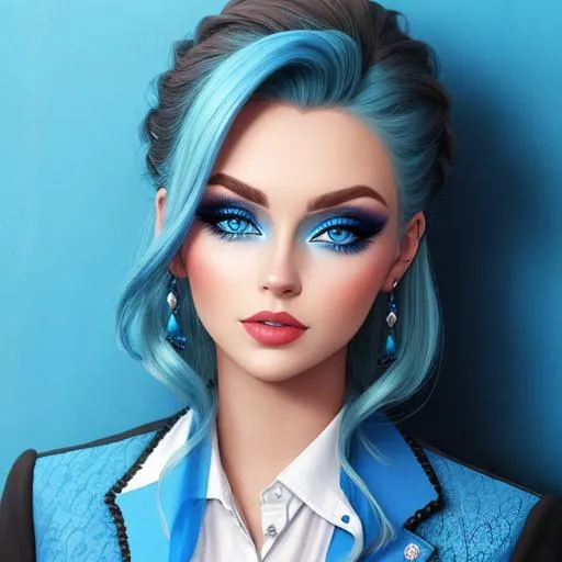 Prompt: A woman all in blue, blue eyes, pretty makeup