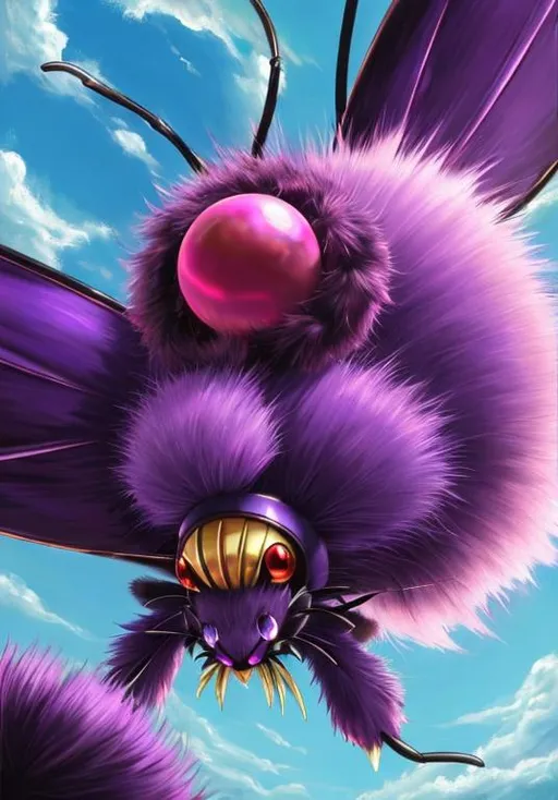 Prompt: UHD, , 8k,  oil painting, Anime,  Very detailed, zoomed out view of character, HD, High Quality, Anime, Pokemon, Venonat is an insect Pokémon with a spherical body covered in purple fur. The fur releases a toxic liquid and it spreads when shaken violently off their bodies. A pink pincer-like mouth with two teeth, stubby forepaws, and a pair of two-toed feet are visible through its fur. Its limbs are light tan. There is also a pair of white antennae sprouting from the top of its head. However, the most prominent feature on its face are its large, red compound eyes. Venonat's highly developed eyes act as radar units and can shoot powerful beams.

Venonat can be found in dense temperate forests, where it will sleep in the hole of a tree until nightfall. It sleeps throughout the day because the small insects it feeds on appear only at night. Both Venonat and its prey are attracted to bright lights.

Pokémon by Frank Frazetta