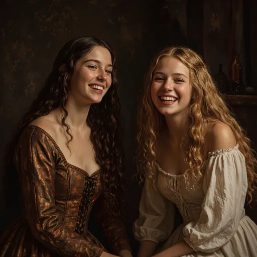 Prompt: A renaissance tavern, Radiating joy, two young age18 renaissance women with long, flowing hair share broad smiles, capturing a moment of pure happiness. One has long, loose dark brown curls, wearing a medieval-style dress with a low neckline and decorative stitching. The other has long, wavy blonde hair, wearing an off-shoulder white peasant blouse.  The rich warm tones of their clothing contrast beautifully with their fair skin, while soft, gentle lighting enhances the whimsical atmosphere of the scene. Their expressions are lively and inviting, suggesting a deep bond and shared laughter. Set against a textured backdrop that hints at an intimate indoor setting, the composition draws the viewer in, highlighting the connection and warmth between the two figures. This image conveys a sense of camaraderie and the joy of shared moments, evoking a nostalgic, heartfelt vibe.
The background is rich and textured, with dark, earthy tones that highlight their illuminated faces. Style inspired by Baroque portraiture and romantic realism, with high detail and soft brushstrokes.