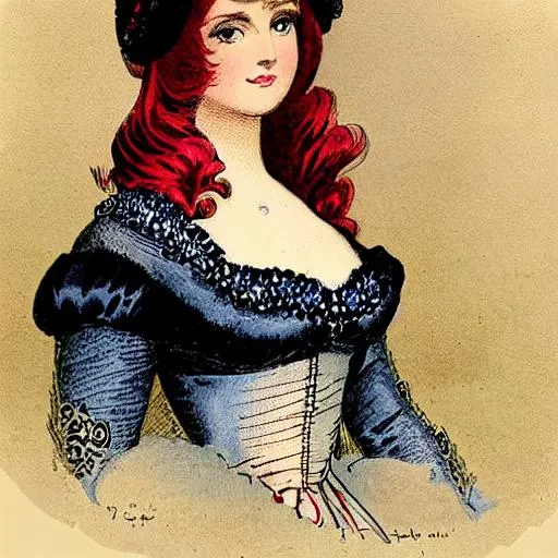 Prompt: A color portrait of a high-class, beautiful Victorian girl. With red hair, dark blue eyes, and a beautiful gown.