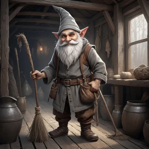 Prompt: Full body, Fantasy illustration of a Nisse, male norse gnome like creature, brownish skin, tiny and slim body, wearing traditional scandinavian garment, grey hair and grey beard, wearing a woolen bonnet, long pointy nose, kind eyes and smile, holding a broom, mystical atmosphere, RPG-fantasy, intense, detailed, game-rpg style, dim lighting, fantasy, detailed character design, atmospheric, otherwordly ambiance, in an old barn