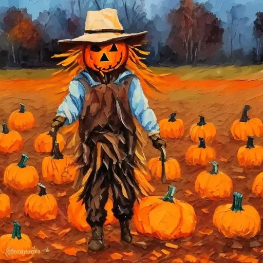 Prompt: A pallete knife painting of a scarecrow in a pumpkin patch with fall foliage 