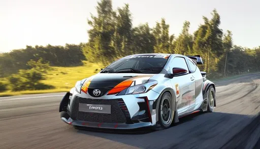 Prompt: 3d render of a toyota yaris Gazoo Racing style, rectilinear wide lens photo, very detailed, high quality resolution, octane render, shot with 16mm lens, hype photos, car in white at a mountain road, car looks like a rally car, front end has 2 mesh rectangular air intakes, much more aggressive style